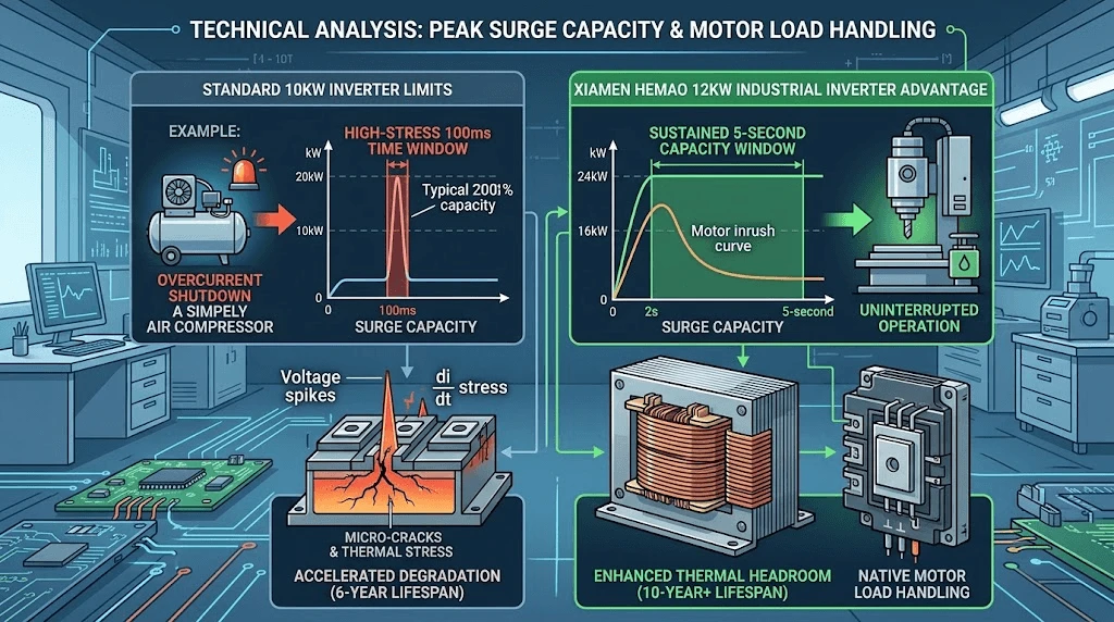 Technical diagram comparing peak surge capacity and motor load handling between 10KW and 12KW industrial off-grid inverters Technical diagram comparing peak surge capacity and motor load handling between 10KW and 12KW industrial off-grid inverters